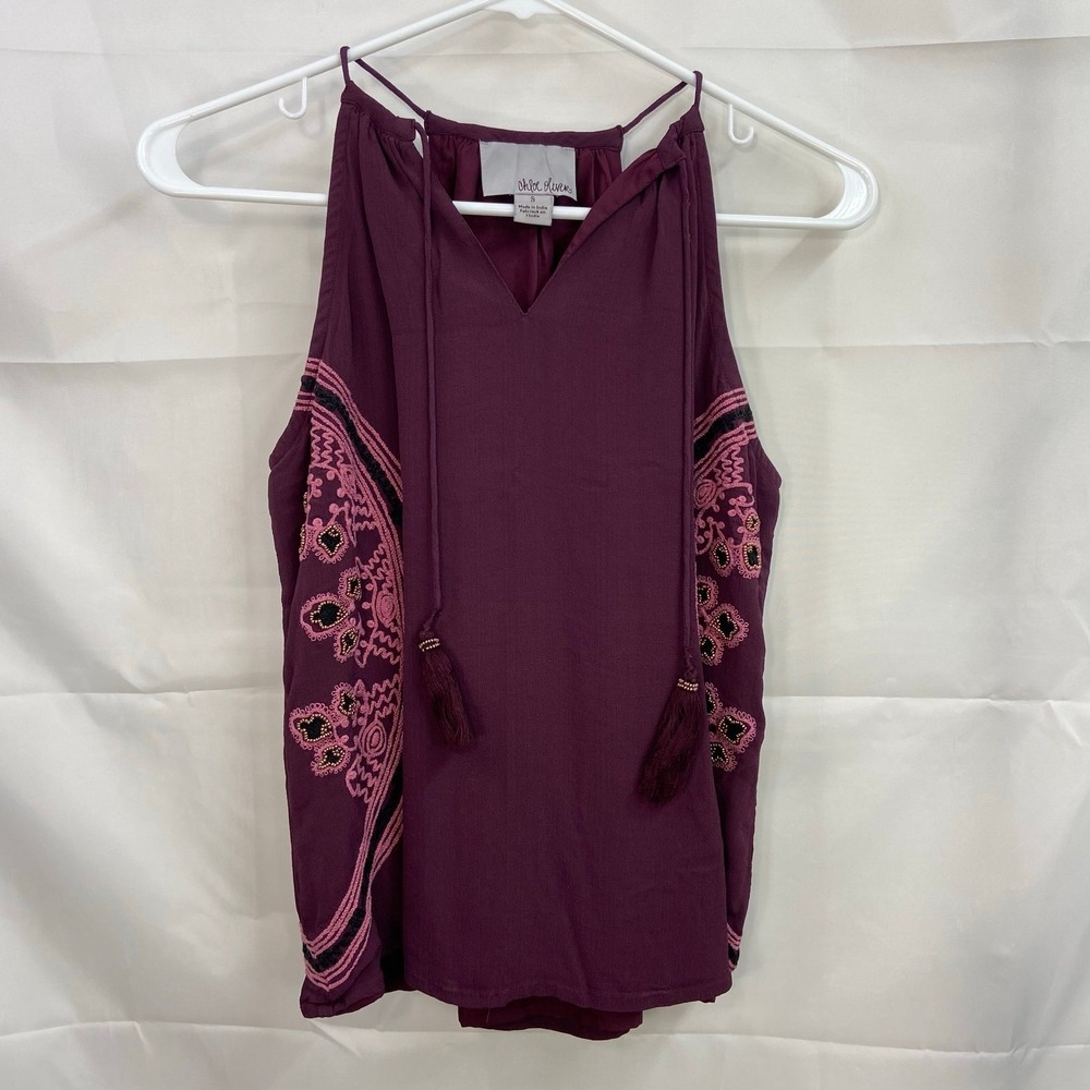 Chloe Oliver women's purple embroidered beaded tassel v-neck lined tank blouse S
